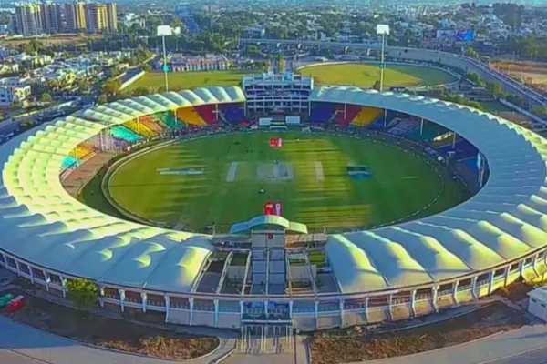 A stunning aerial view of National Stadium Karachi filled with cricket fans.